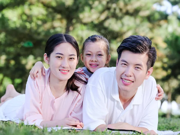 Šťastná rodina tří dětí na trávě v parku — Stock fotografie