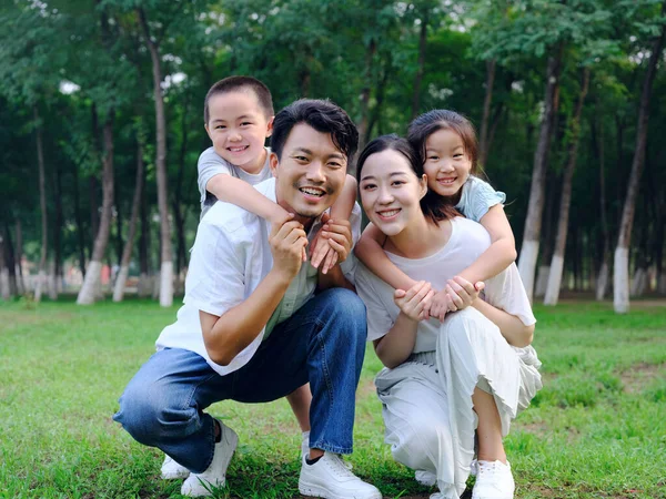 Familia feliz de cuatro jugando en el parque —  Fotos de Stock