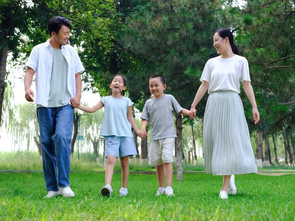 Счастливая семья из четырех человек играет в парке — стоковое фото
