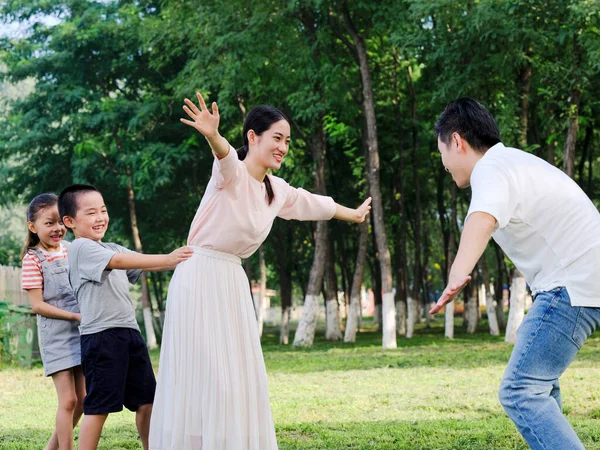Famiglia felice di quattro persone che giocano nel parco — Foto Stock