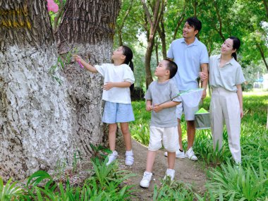 Dışarıda böcek yakalayan dört kişilik mutlu bir aile.