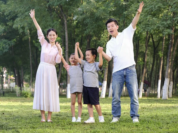 Parkta oynayan dört kişilik mutlu bir aile. — Stok fotoğraf