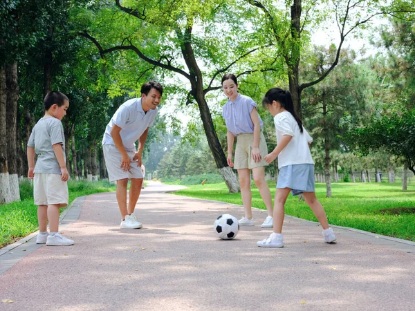 Счастливая семья из четырех человек играет в футбол в парке — стоковое фото