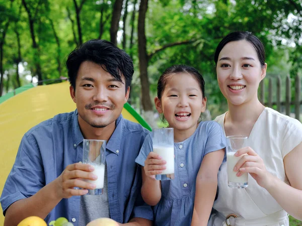 Uma família feliz de três passeios ao ar livre — Fotografia de Stock