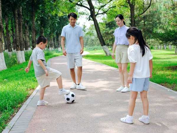 Familia feliz de cuatro jugando al fútbol en el parque — Foto de Stock