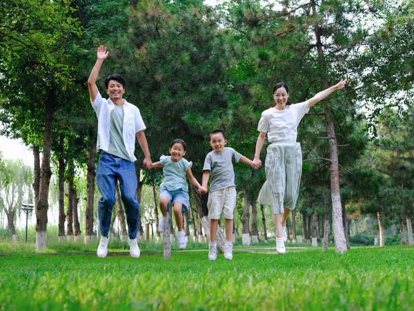 Familia feliz de cuatro jugando en el parque —  Fotos de Stock