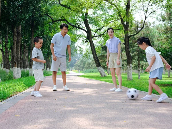 Happy family of four playing football in the park — Stock Photo, Image