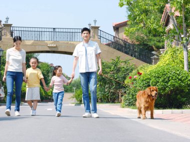 Dışarıda gezen dört köpekli mutlu aile.
