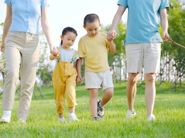 Una familia feliz de cuatro caminando por el parque —  Fotos de Stock