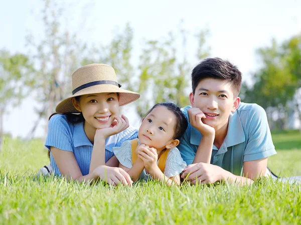 Щаслива сім'я з трьох на траві — стокове фото