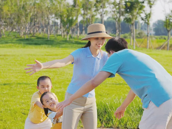 Famiglia felice di quattro giochi nel parco — Foto Stock