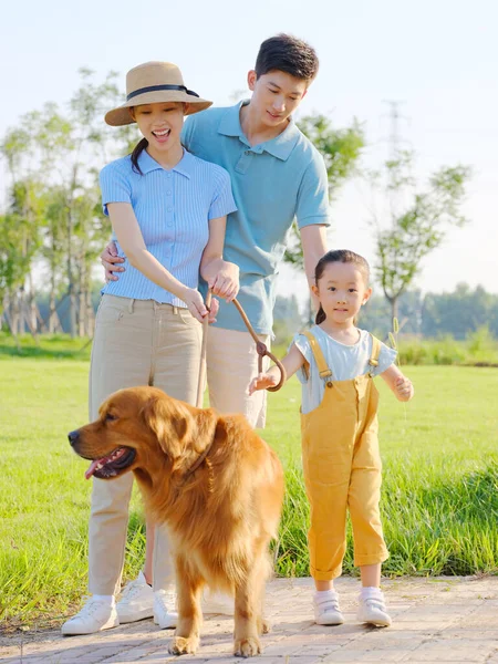 Ευτυχισμένη οικογένεια τριών και σκυλάκι στο πάρκο — Φωτογραφία Αρχείου