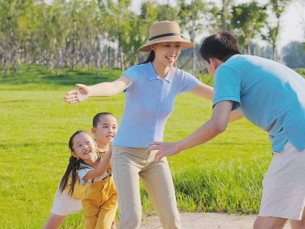 Famiglia felice di quattro giochi nel parco — Foto Stock