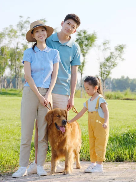 Šťastná rodina tří a zvířecího psa v parku — Stock fotografie