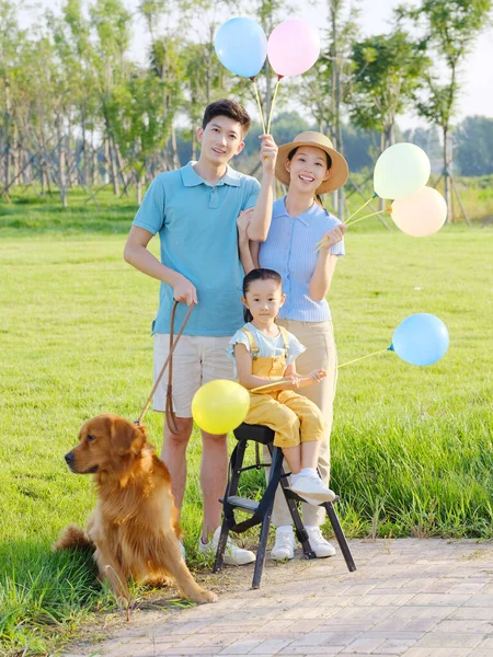 Famiglia felice di tre e cane da compagnia nel parco — Foto Stock
