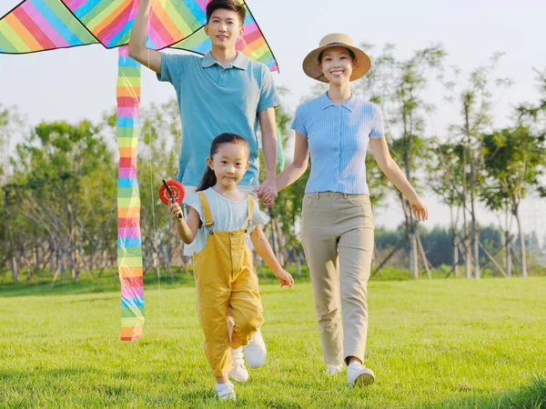 공원에 날으는 세 개의 연으로 이루어진 행복 한 가족 — 스톡 사진