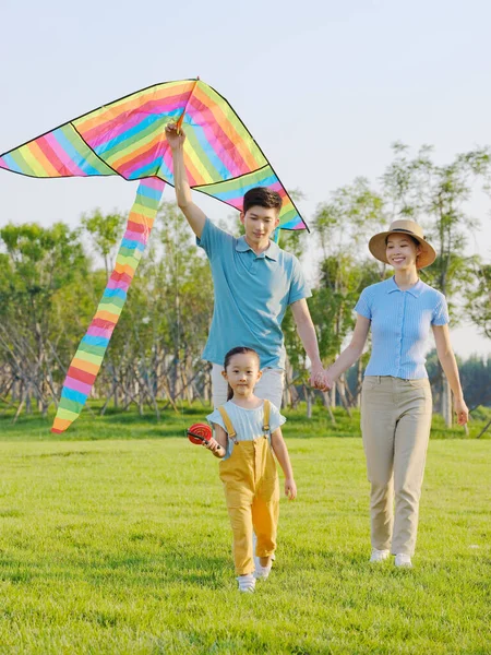 Familia feliz de tres cometas voladoras en el parque —  Fotos de Stock