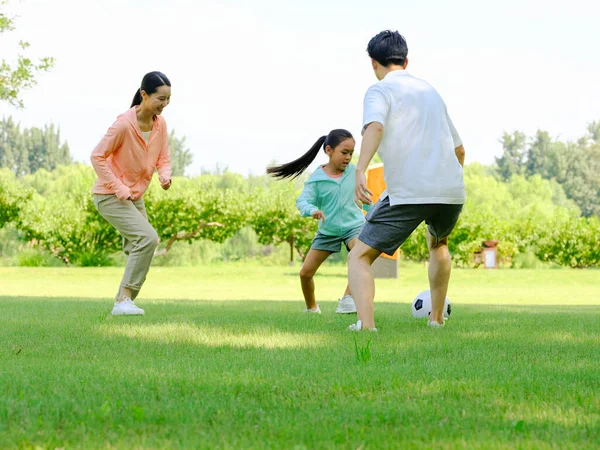 Heureuse famille de trois personnes jouant au football dans le parc — Photo