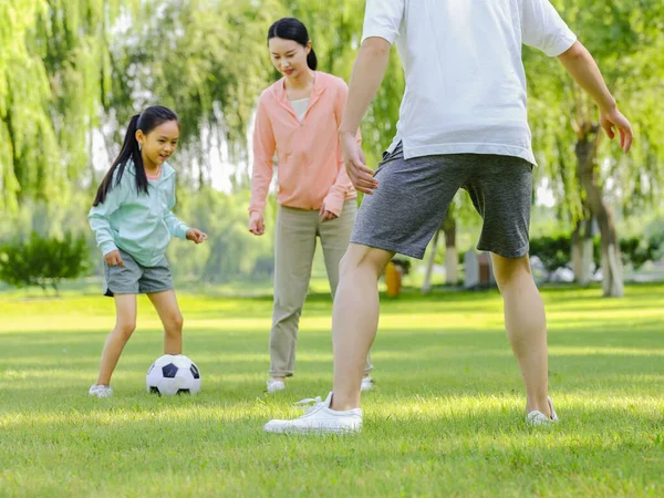 Ευτυχισμένη οικογένεια τριών παιδιών που παίζουν ποδόσφαιρο στο πάρκο — Φωτογραφία Αρχείου