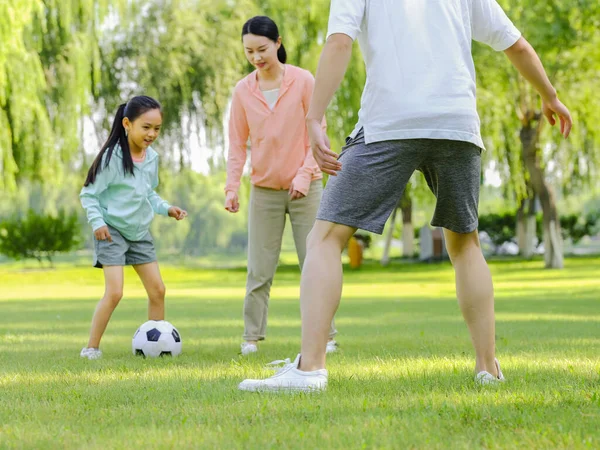 Heureuse famille de trois personnes jouant au football dans le parc — Photo