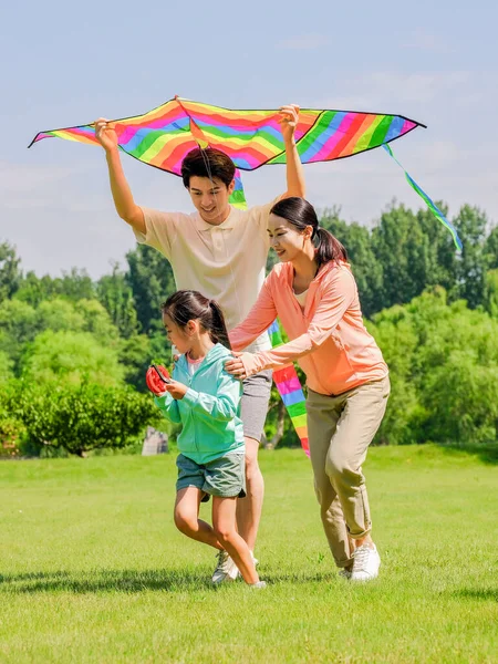 Ευτυχισμένη οικογένεια τριών ιπτάμενων χαρταετών στο πάρκο — Φωτογραφία Αρχείου