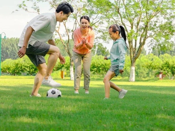3口之家在公园踢足球快乐 — 图库照片