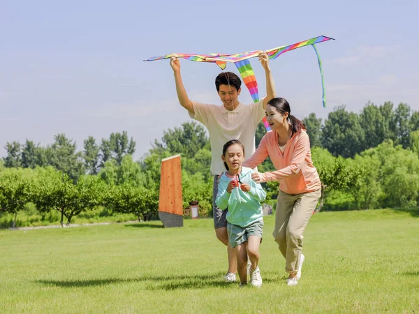 Família feliz de três pipas voadoras no parque — Fotografia de Stock