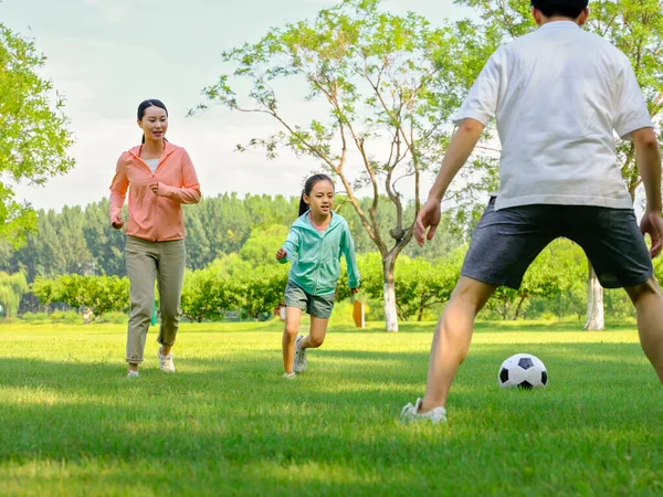 Heureuse famille de trois personnes jouant au football dans le parc — Photo