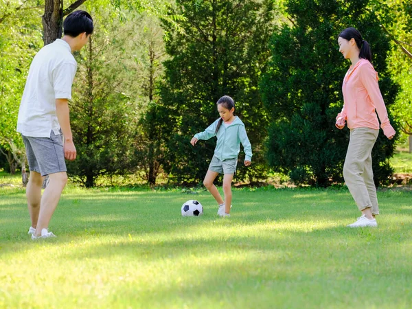 Ευτυχισμένη οικογένεια τριών παιδιών που παίζουν ποδόσφαιρο στο πάρκο — Φωτογραφία Αρχείου