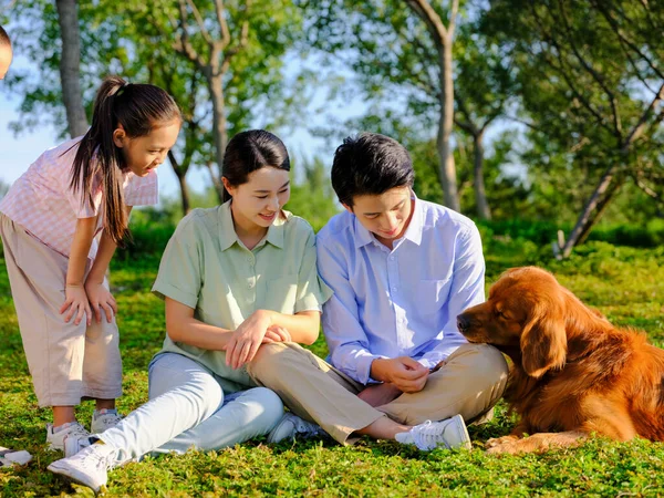 Joyeux famille de trois et chien de compagnie jouant dans le parc — Photo