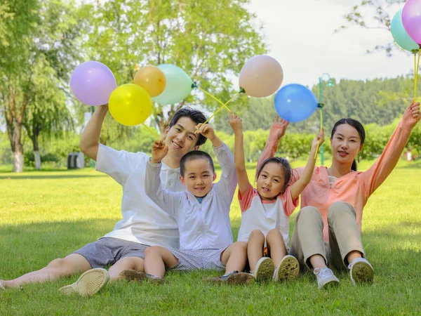 Glückliche vierköpfige Familie im Park lizenzfreie Stockfotos