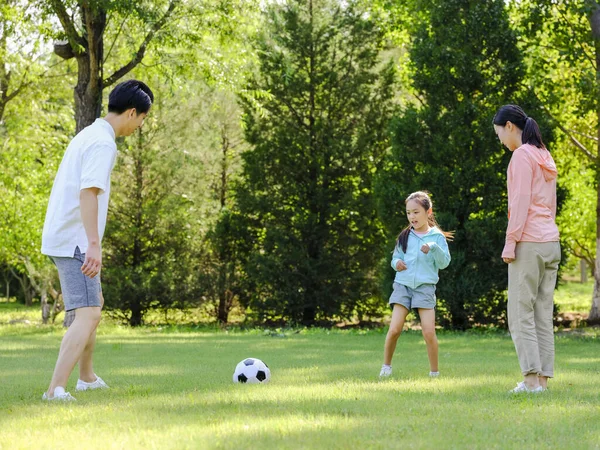 Familia feliz de tres jugando al fútbol en el parque — Foto de Stock