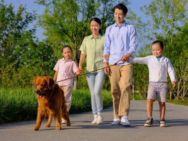 Parkta dört köpekli mutlu bir aile.