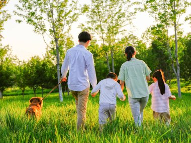 Parkta dört köpekli mutlu bir aile.