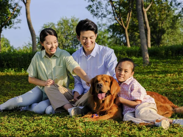 Ευτυχισμένη οικογένεια τριών και σκυλάκι στο πάρκο — Φωτογραφία Αρχείου