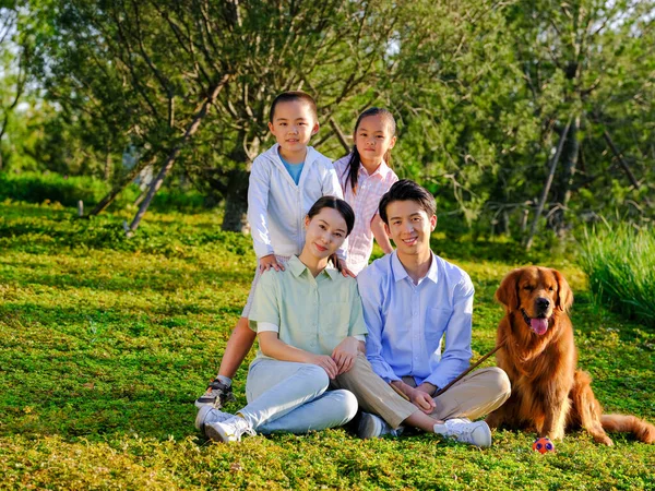 Χαρούμενη τετραμελής οικογένεια και σκύλος συντροφιάς στο πάρκο — Φωτογραφία Αρχείου