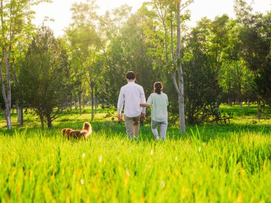 Parkta köpekleri gezdiren genç aşıklar