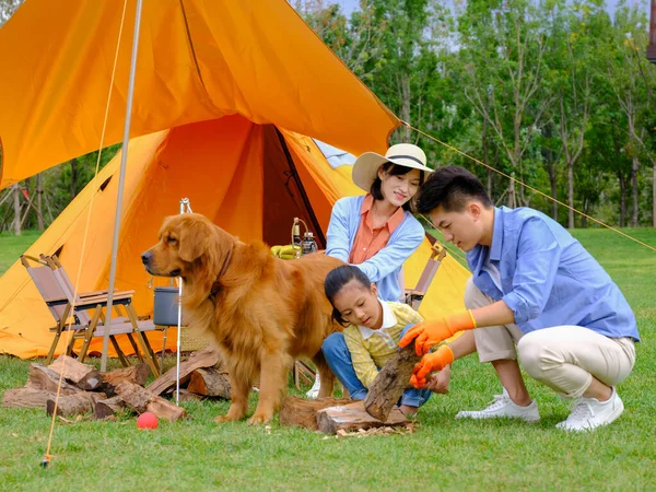 Familia feliz de tres y perro acampando —  Fotos de Stock