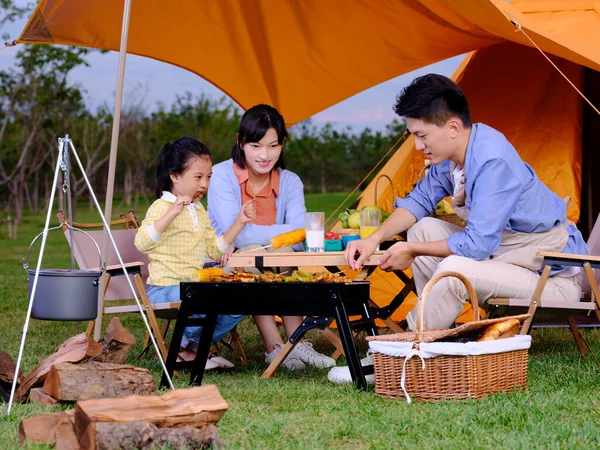 A happy family of three barbecue in the park — Stock Photo, Image