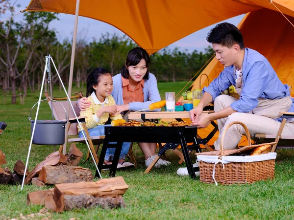 Una famiglia felice di tre barbecue nel parco — Foto Stock