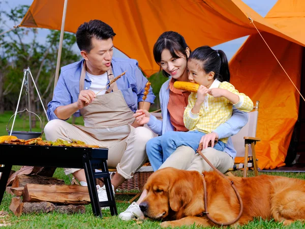 Boldog család három és kisállat kutya grill a parkban — Stock Fotó