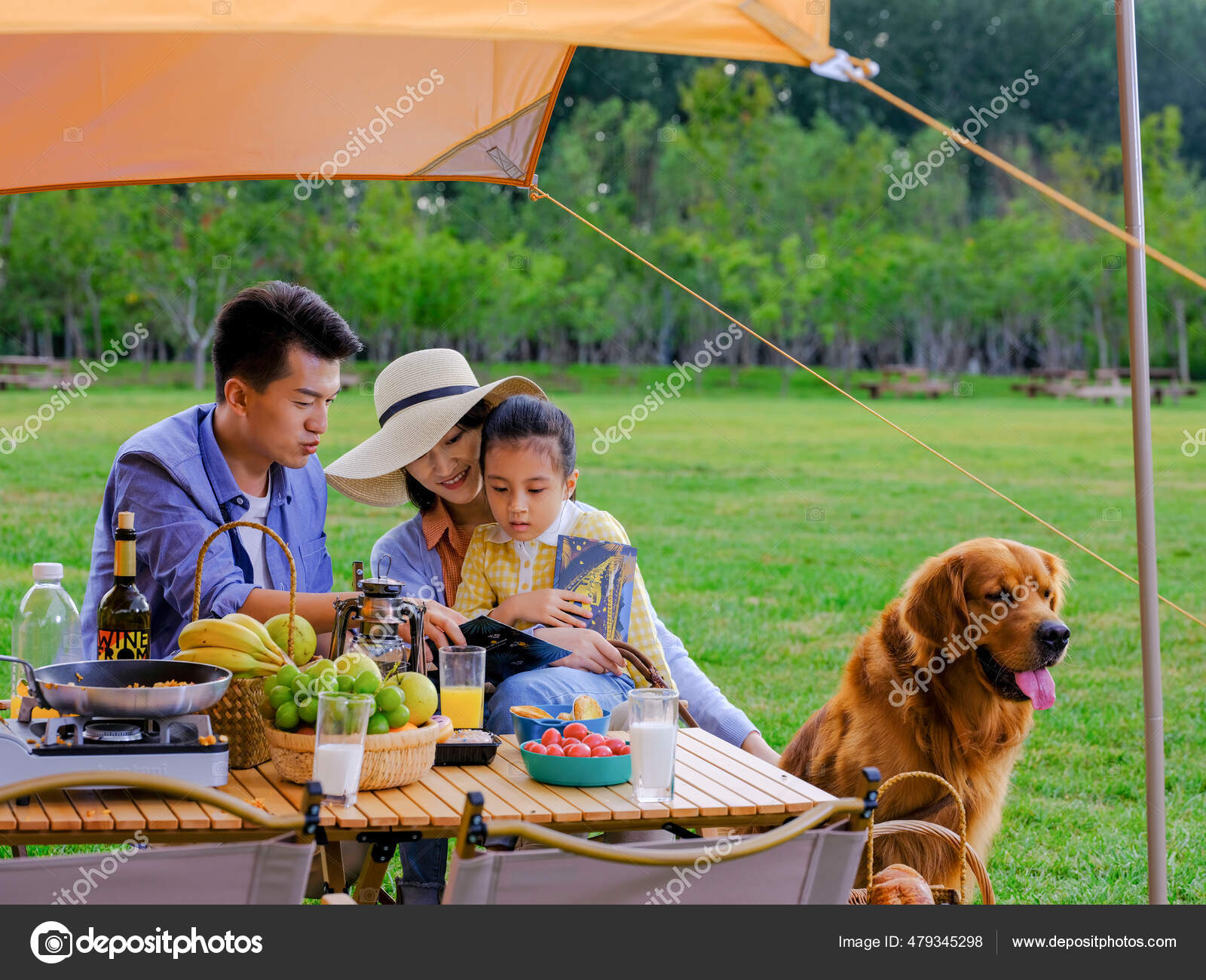 of　Happy　©eastfenceimage　outside　family　and　dog　reading　by　three　Photo　Stock　pet　479345298