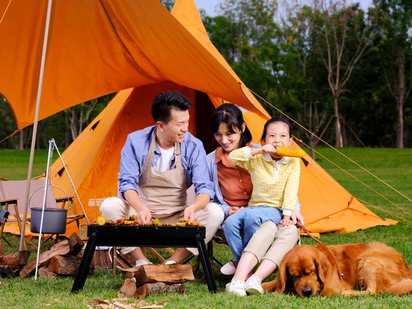 Üç kişilik mutlu bir aile ve parkta köpek barbeküsü. — Stok fotoğraf