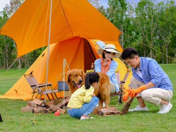 Felice famiglia di tre e cane campeggio fuori — Foto Stock