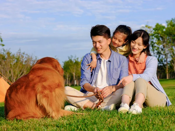 Famiglia felice di tre e cane da compagnia nel parco — Foto Stock