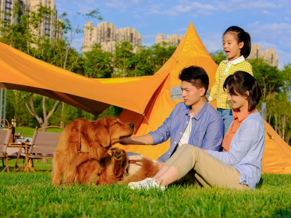 Joyeux famille de trois et chien de compagnie dans le parc — Photo