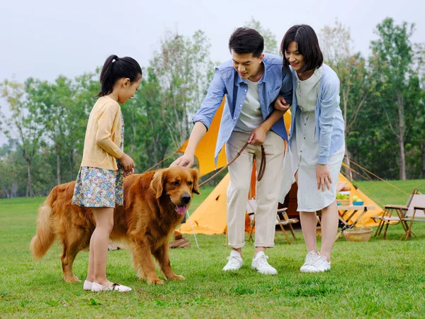 Heureuse famille de trois et chien campant dehors — Photo