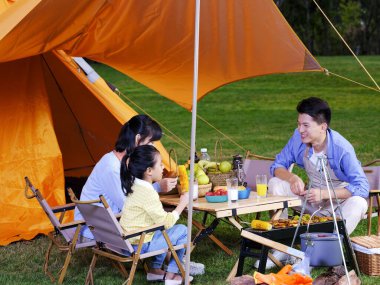 Üç kişilik mutlu bir aile parkta barbekü yapıyor.