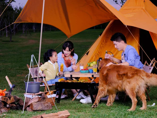 Glückliche dreiköpfige Familie und Hund grillen im Park — Stockfoto