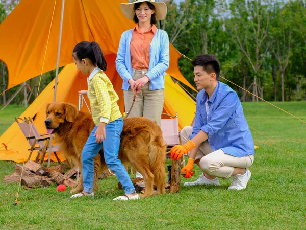 Felice famiglia di tre e cane campeggio fuori — Foto Stock